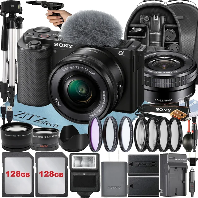 Sony Alpha ZV-E10 Mirrorless Vlog Camera With 16-50mm Lens + Two Pack 128GB Memory Card + Flash + Tripod + Backpack + ZeeTech Accessory Bundle (Black)