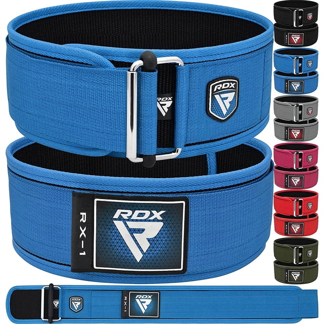 RDX Weight Lifting Belt featuring a 4-inch wide design for optimal back and lumbar support during bodybuilding, powerlifting, and strength training. Made with textured nylon fabric for durability and a non-slip grip, this blue belt includes a Quick-EZ hook-and-loop closure, roller buckle, and tension lock for secure fastening. The nylon piping prevents fraying, ensuring long-lasting use. Available in multiple colors, ideal for squats, deadlifts, and other heavy lifting exercises.