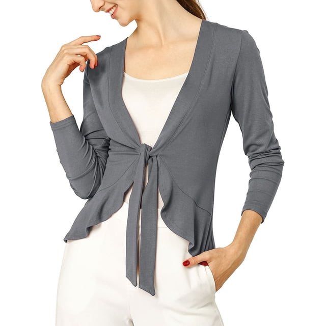INSPIRE CHIC Women's Tie Front Long Sleeve Ruffled Hem Open Front Knit Cardigan S Grey