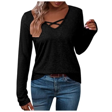 HUITKMM Long Sleeve Women Ladies' V Neck Long Sleeve Solid Color Casual T Shirt