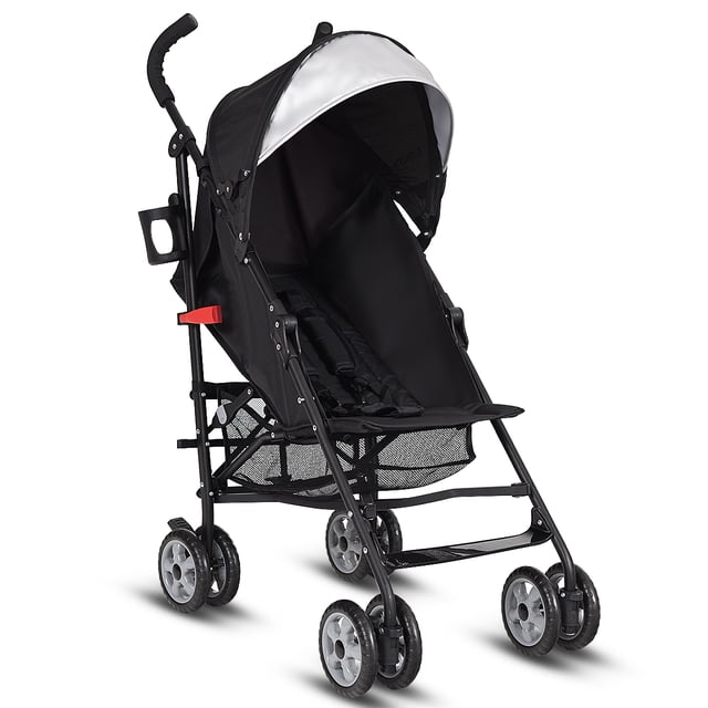 Patiojoy Lightweight Foldable Baby Stroller with an aluminum frame and UV-proof canopy. This portable baby stroller features a 5-point harness, two lockable wheels, adjustable umbrella design, and a mesh storage basket under the seat. The stroller is black with a silver canopy and includes a cup holder. Dimensions are 26.0 x 20.0 x 43.5 inches, with a fold size of 43.5 x 12.0 x 8.0 inches. Suitable for children above 6 months, with a weight capacity of 50 lbs for the seat and 3 lbs for the storage basket.