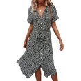 thumbnail image 1 of Femmes Bouton vers le Bas Midi Robe à Manches Courtes Imprimé Floral Ceinture en Vrac Robe Chemise Jaune M, 1 of 8