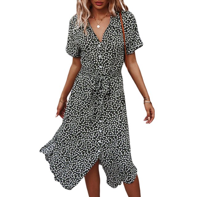 Femmes Bouton vers le Bas Midi Robe à Manches Courtes Imprimé Floral Ceinture en Vrac Robe Chemise Jaune M