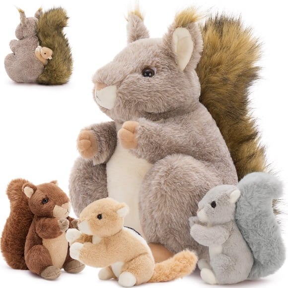 MaoGoLan 4 Pcs Écureuils en Peluche, Jouets en Peluche Écureuil Réalistes avec 3 Bébés Écureuils pour Petite Main, Cadeau Adorable d'Écureuils en Peluche pour Amatrice d'Animaux de la Forêt, Filles
