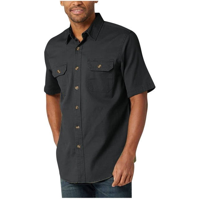FAIWAD Mens Short Sleeve Shirts Lapel Button Down Lightweight Casual Tees Tops Business Work Shirts in a solid black color. The shirt features a classic lapel collar, short sleeves, and a button-down front with two chest pockets. Made from lightweight and breathable polyester, it offers a comfortable and relaxed fit. Suitable for casual outings, business settings, or everyday wear, this versatile shirt pairs well with jeans, trousers, or shorts for a stylish look.
