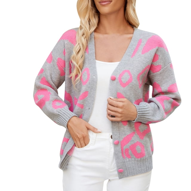 WRKEKC Women's V-Neck Cardigan Patterned Knit Single Button Front Long Sleeve Open Front Cozy Sweater for Fall Winter Lounge Wear Gray S