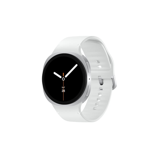 Samsung Galaxy Watch8 44mm BT smartwatch with a round silver bezel and white silicone strap, displaying an analog clock face with white hour and minute hands and an orange second hand. This wearable technology offers advanced health tracking and smart features.
