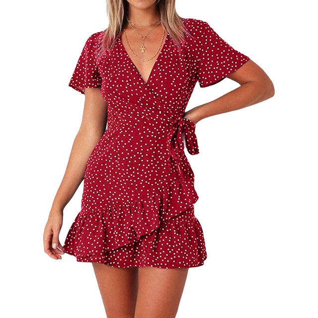 Kmbangi Robe à Pois Rouges pour Maman et Moi, Manches Courtes, Col en V, Ourlet à Volants, Été, Décontractée, Ligne A, Parent-Enfant