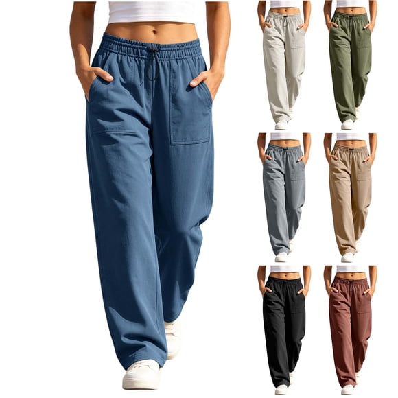 Zulora Women's Casual Daily Solid Color Sports Cargo Pants with Pockets Drawstring Loose Straight - Leg Trousers for Spring Summer Fall