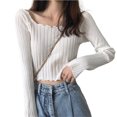 thumbnail image 2 of JDQJBZ Summer Womens Tops,Tops For Women Trendy Ruffle Slim Off Shoulder Crop Knit Long Sleeve Top For Spring Summer, 2 of 5