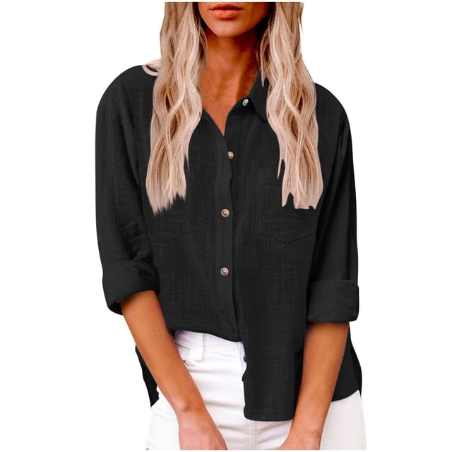 Timegard Button down Shirts for Women Plus Size Lapel Neck Cotton Linen Blouse Work Casual Loose Tops