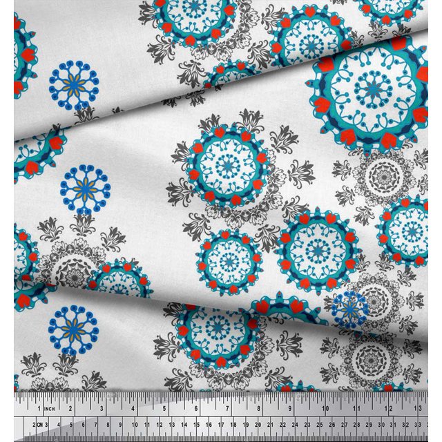Soimoi Georgette Viscose Fabric Snowflake & Damask Ethnic Printed Fabric 1 Yard 42 Inch Wide