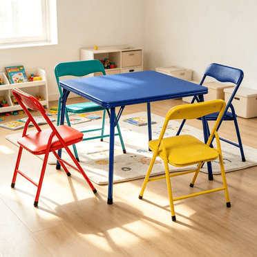 Homy Casa Kids Folding Table Set with 4 Chairs, Multicolor Steel Activity Furniture for Small Spaces