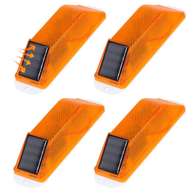4 Pcs Solar Strobe Lights with yellow plastic housing and integrated solar panels. These waterproof and dustproof LED warning lamps are ideal for construction safety, road signs, traffic control, and emergency accessories. Offering visibility up to 1000m in the dark, each light measures 5.91 x 1.57 x 1.38 inches and includes pre-drilled holes for quick installation.