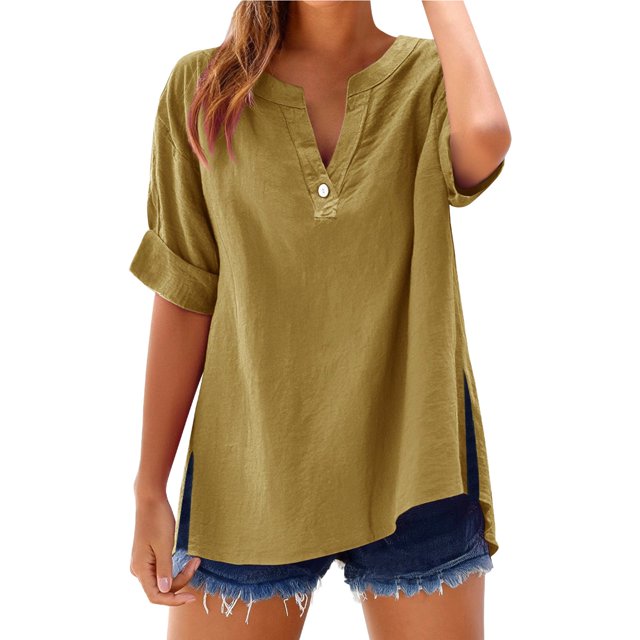 Baberdicy Oversized Collar Shirts - Women's Loose Fit Solid Color Tops (Breathable Linen, Office to Weekend) Gold L