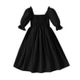 thumbnail image 4 of LUOGENLI Dress Summer Girls Chiffon Ruffle Mini Dress Square Neck Short Sleeve Solid A Line Dress Dress for Girls Midi Length with Pockets Black 3-4 Years, 4 of 5