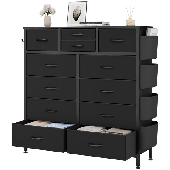 LainTene 12 Drawers Dresser for Bedroom, Fabric Closet Chests Organizer Tower Furniture with Wooden Top Metal Frame for Clothes, Room, Living Room, Hallway,Black PU