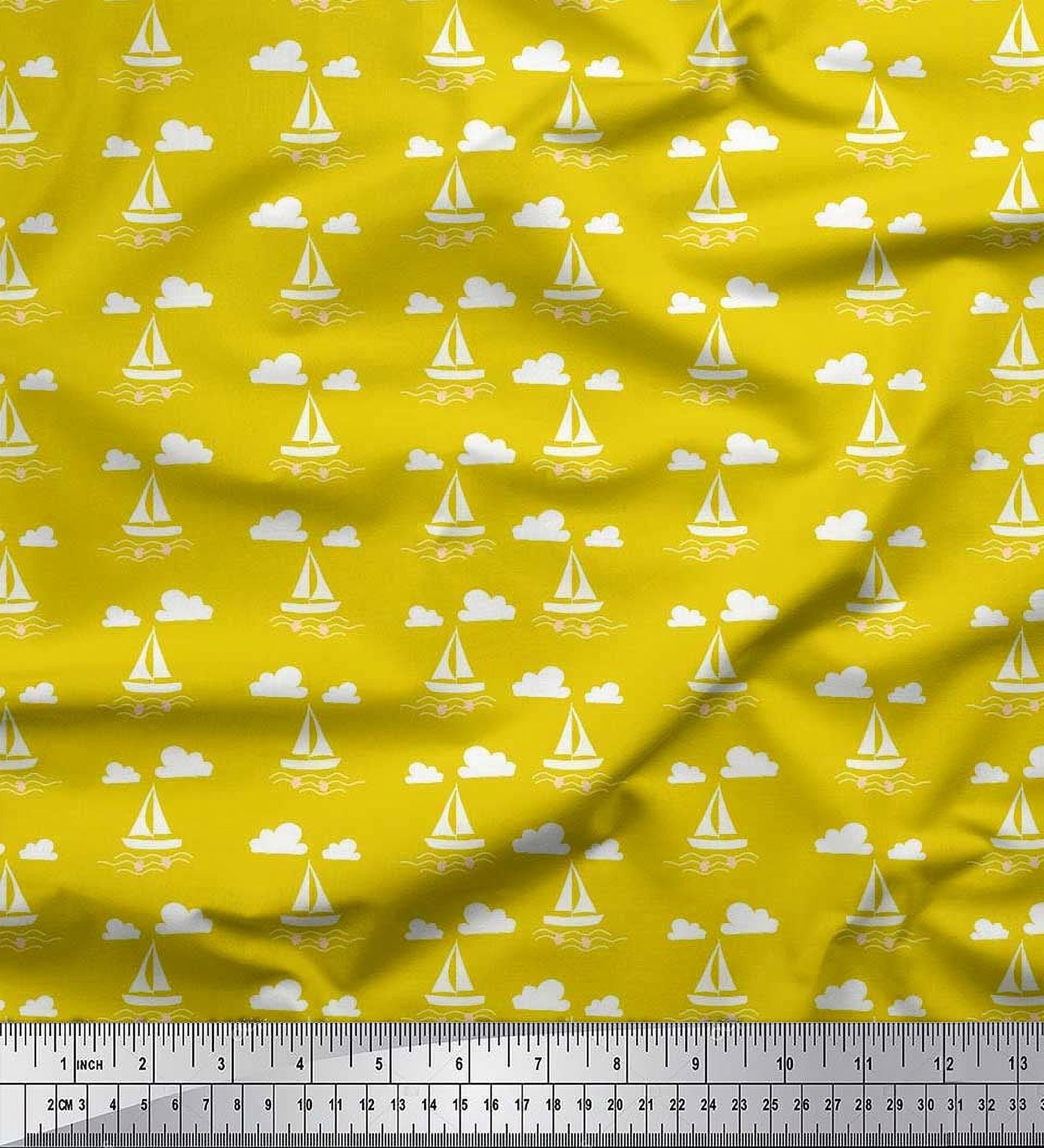 Soimoi Polyester Crepe Fabric Cloud,Fish & Yacht Nautical Print Fabric by The Yard 42 Inch Wide
