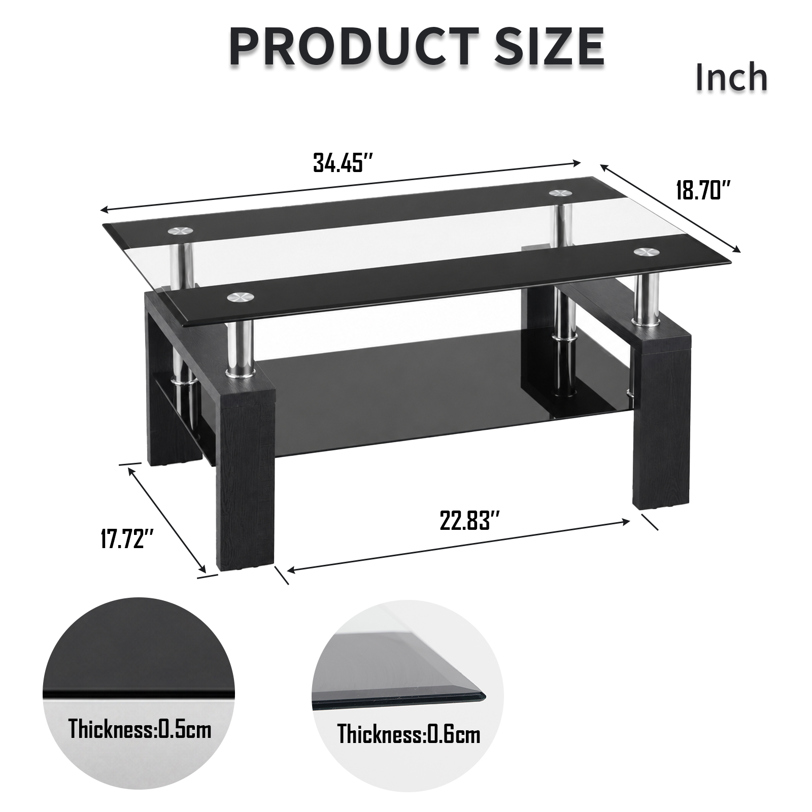 Noble House Modern Rectangular Tempered Glass Coffee Table,Double-Layer Glass Top with Sturdy Black Legs,34.45" Compact,Black