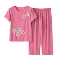 thumbnail image 1 of Mikilon Ensemble Élégant pour Femmes 2 Pcs Coton Lin Costume Deux Pièces Manches Courtes Col Rond Haut Imprimé Pantalon Ensemble Rose 2TG, 1 of 3