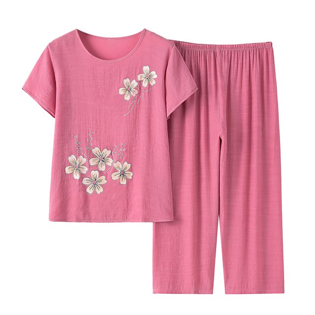 Mikilon Ensemble Élégant pour Femmes 2 Pcs Coton Lin Costume Deux Pièces Manches Courtes Col Rond Haut Imprimé Pantalon Ensemble Rose 2TG