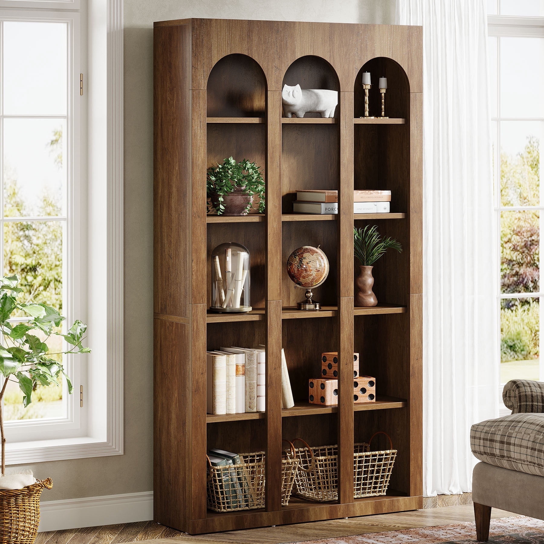 Fnova 70.87" 5-Tier Bookshelf, Arched Design Display Bookcase with Open Storage Shelves, Versatile Organizer for Living Room, Bedroom, Home Office, Entryway