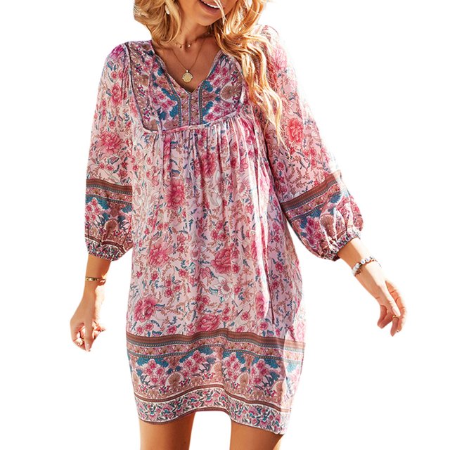 Womens Boho Floral Dresses V Neck Long Sleeve Ruffle Hem A-Line Mini Dress Beachwear