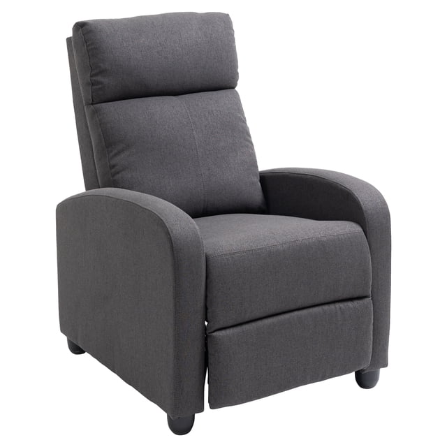 HOMCOM Push Back Recliner Chair Home Theater Seating with Padded Seat in dark grey linen-touch polyester fabric. Measures 27.25 inches wide, 34.75 inches deep, and 39.75 inches high upright, with a reclining dimension of 27.25 inches wide, 61.5 inches deep, and 29.25 inches high. Features padded armrests and backrest, a reclining mechanism to 135° with footrest, and heavy-duty steel construction for durability. Suitable for reading, watching TV, or napping.