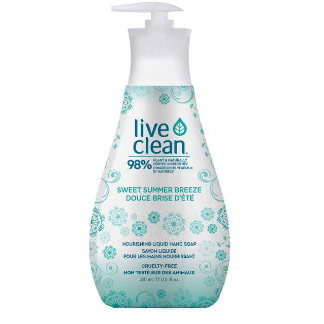 Live Clean Sweet Summer Breeze Liquid Hand Soap in a white pump bottle with teal floral and swirl patterns, featuring 98% plant and naturally derived ingredients, cruelty-free formula, and 500 ml (17 fl. oz.) volume, suitable for nourishing hand care.