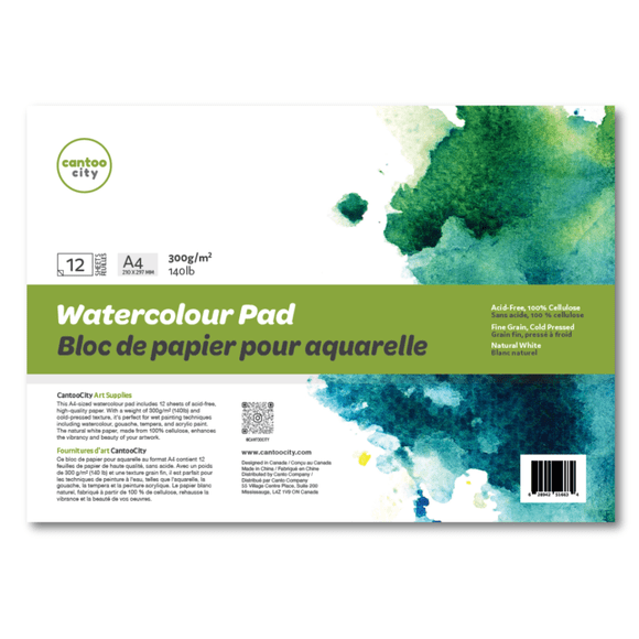 Cantoo City A4 Watercolour Pad, 300g/m², Cold Pressed, 12 Sheets