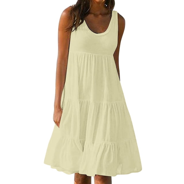 Yuyuzo Robes d'Été pour Femmes Robe Décontractée d'Été pour Femmes Sans Manches à Col Rond Tunique Ample Robe Débardeur Robe Bohème de Plage pour les Vacances