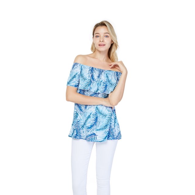 Women's Hawaiian Off-Shoulder Ruffle Muumuu Top in Simply Blue Leaf S