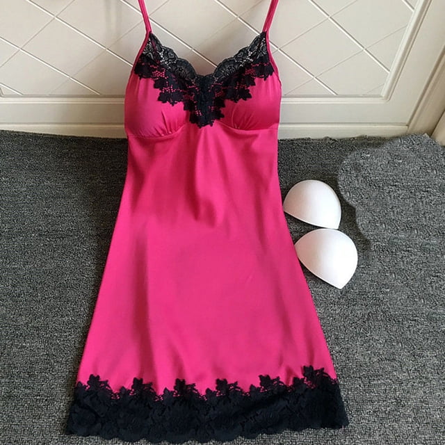 LSLJS Nuisette en Satin pour Femmes Dames Tenue de Nuit Nuisette Lingerie Aguichant avec Coussinets de Poitrine, Robe de Pyjama pour Femmes