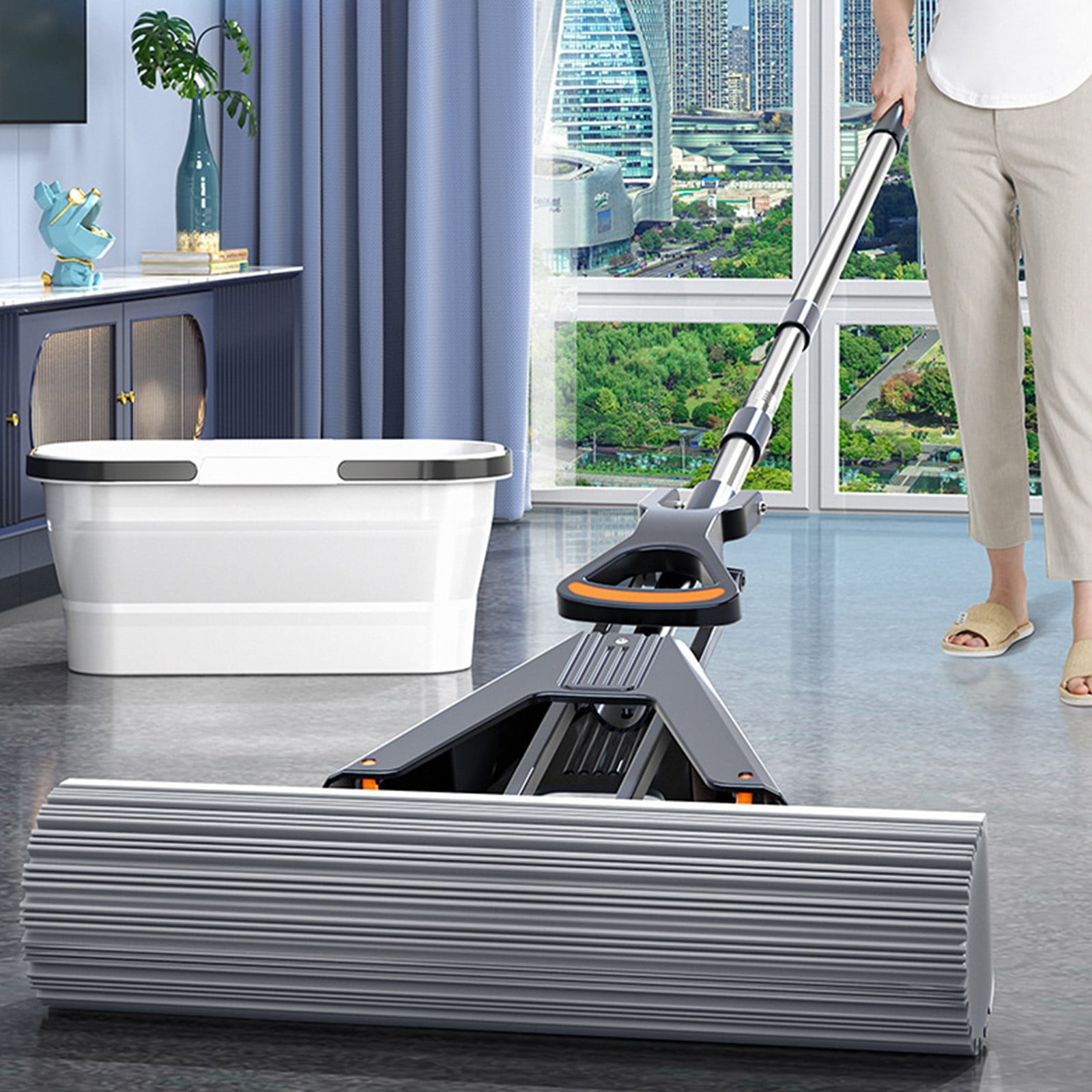 Danhjin Mop Sponge Mop Rubber Mop Household Lazy Hands Free Mop Folding Household Water-absorbent Mop Mop and Bucket Set
