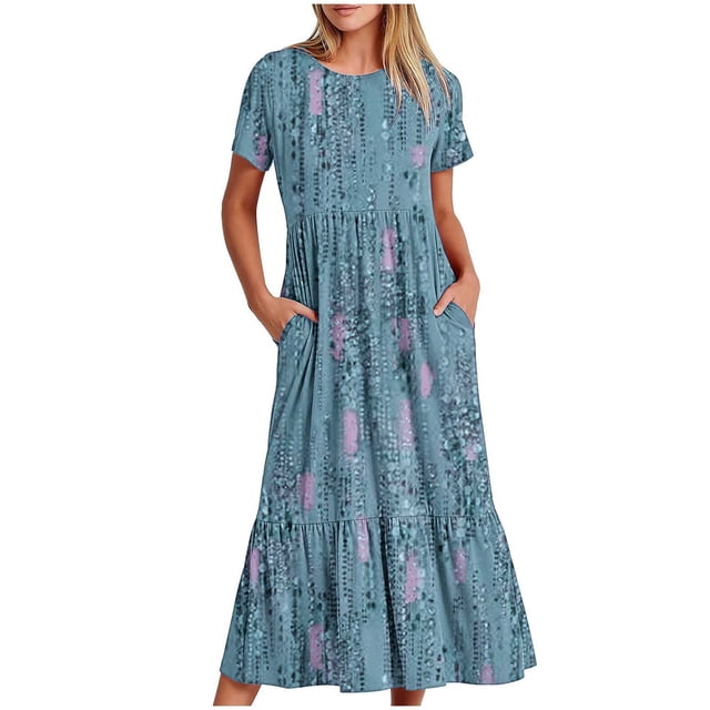 Dvkptbk Robes d'Été pour Femmes 2024 Mode Décontractée Bohème à Fleurs Robes de Plage Manches Courtes Col Rond Robe d'Été Fluide Maxi Robe de Plage Longue Robe Midi de Plage avec Poches P-2TG