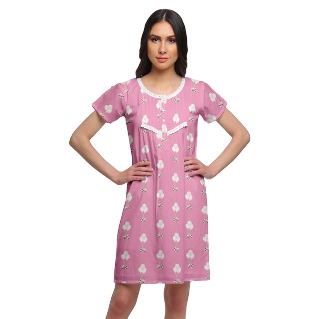 Moomaya Chemise de Nuit à Manches Courtes Imprimée pour Femmes, Col Rond, en Coton, Vêtement de Nuit