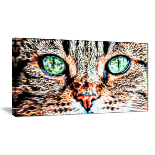 Design Art Windows to The Soul Canvas Wall Art showing a close-up of a cat's face with bright green eyes and detailed fur texture, printed on gallery wrapped cotton canvas with rich, unpixelated colors, ready to hang in home décor or office spaces, also suitable for adding a modern artistic touch to creative workspaces.