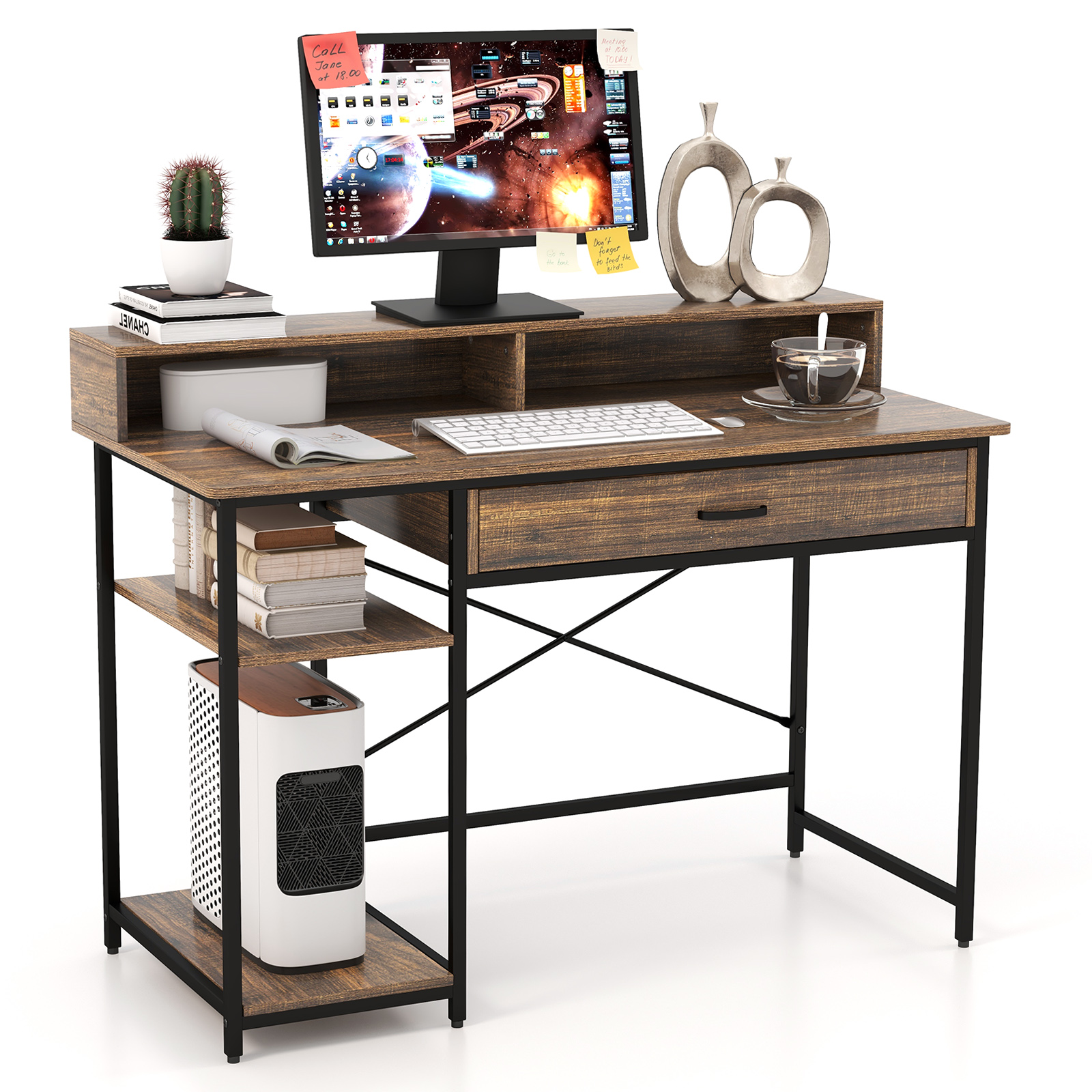 Patiojoy Computer Desk with Monitor Shelf 48" Home Office Writing Desk with Drawer Storage Shelves CPU Stand