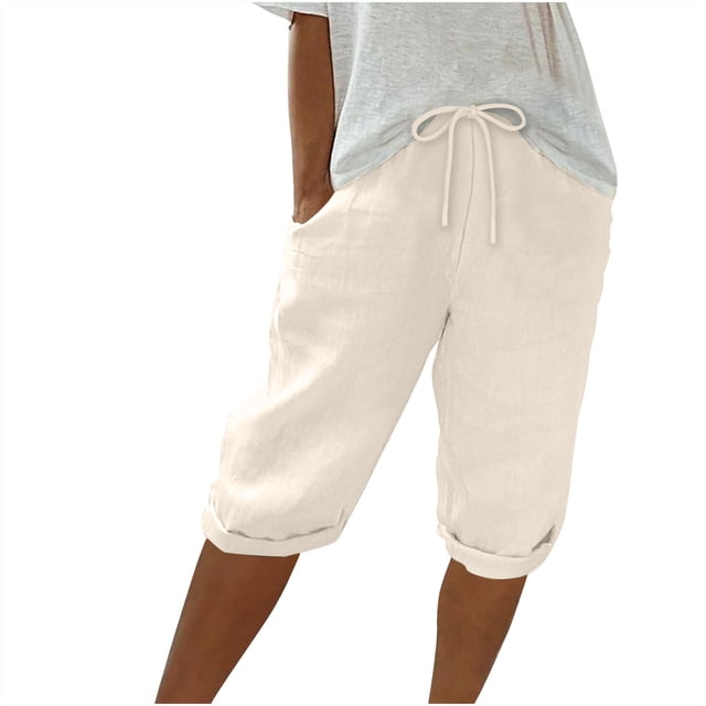 Dealovy Cotton Linen Shorts for Women High Waisted Drawstring Lightweight Knee Length Shorts with Pockets