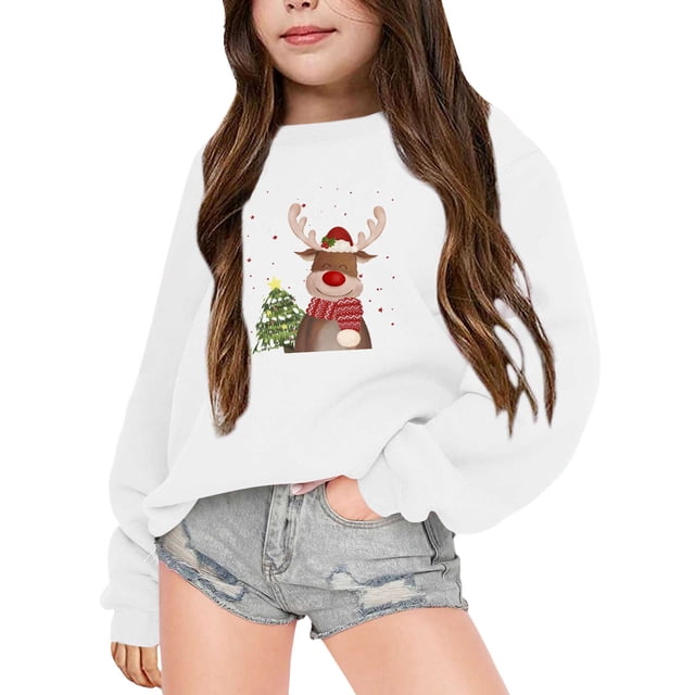MIASHUI Sweatshirts de Noël pour Enfants Col Rond Imprimé Pull Chaud pour Enfants, Blanc, 7-8 Ans