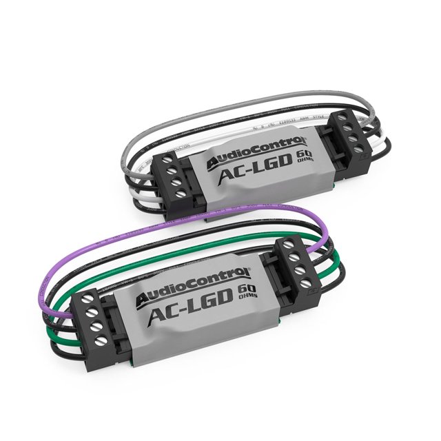 AudioControl AC-LGD 60 150W 60 Ohms Dispositif de Génération de Charge et Stabilisateur de Signal, une Paire d'Unités Compactes avec Connecteurs Pré-Câblés Présentant des Couleurs de Fil standard EIA pour Connexions avant et Arrière. Idéal pour Stabiliser les Signaux dans des Systèmes Sonores Amplifiés Haut de Gamme OEM pour Véhicules Dodge, Chrysler, Jeep et Maserati, Couramment Utilisé dans les Installations Électriques Automobiles.