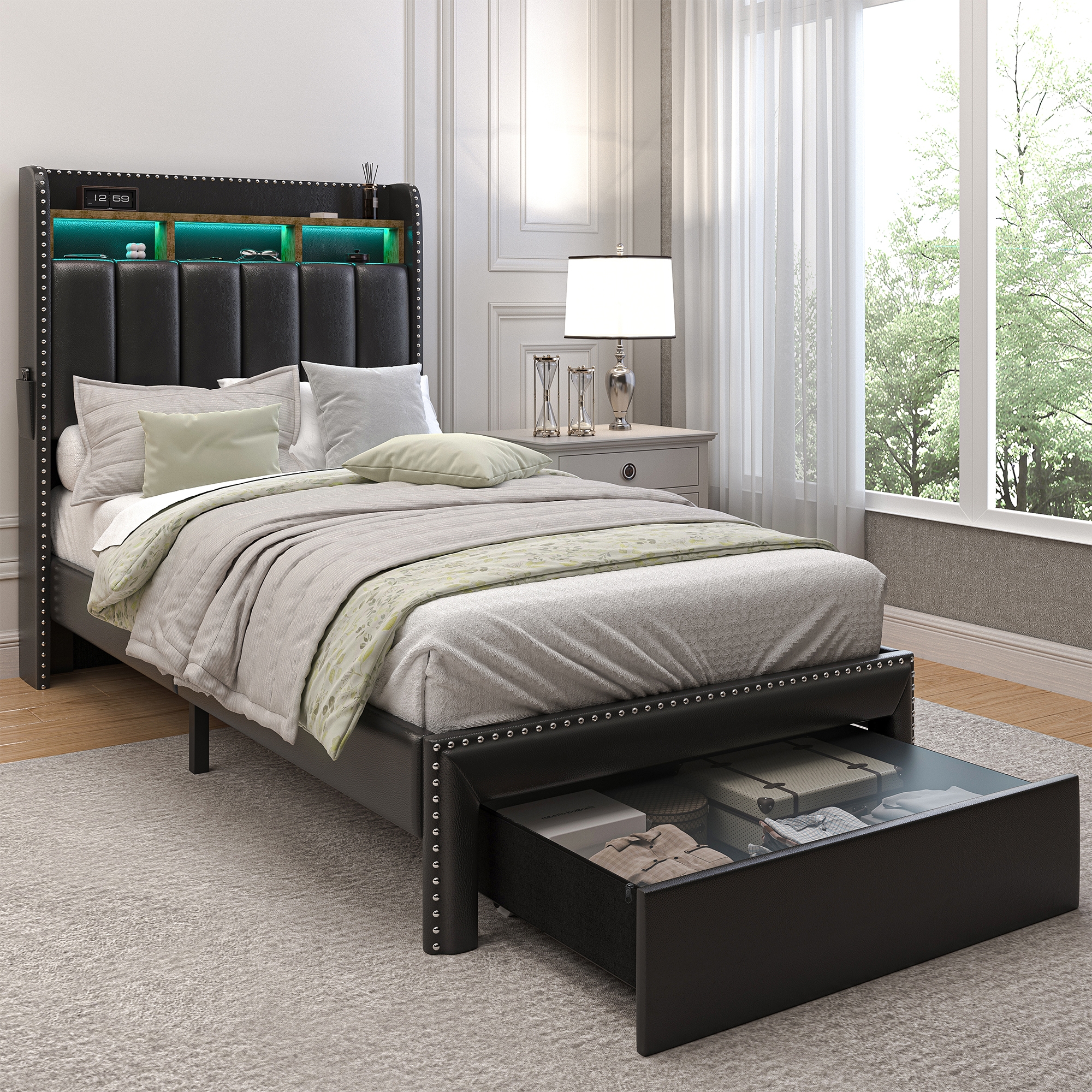 SIBEDS LED Bed Frame with Drawer Pockets and PU Upholstered Black Wingback Headboard, Twin