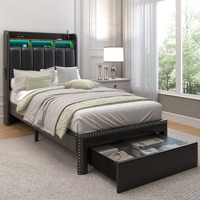 SIBEDS Cadre de Lit à DEL avec Tiroirs, Pochettes et Tête de Lit à Ailes Rembourrée en PU Noire, Simple