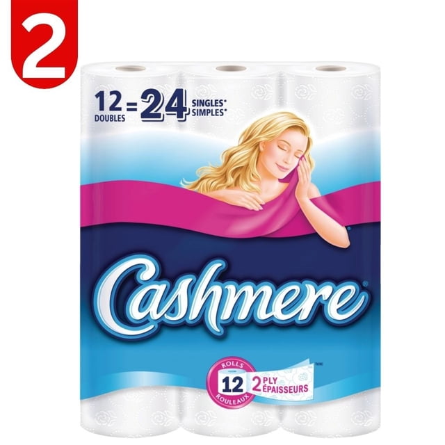 Cashmere Bathroom Tissue Double 12=24 Rolls in a 2 Pack. The packaging highlights 12 double rolls equating to 24 single rolls, with a 2-ply quilted design for added softness. The hypoallergenic and dermatologist-approved tissue is ideal for sensitive skin. The front of the package features the Cashmere logo and a graphic of a woman wrapped in a pink quilted fabric.