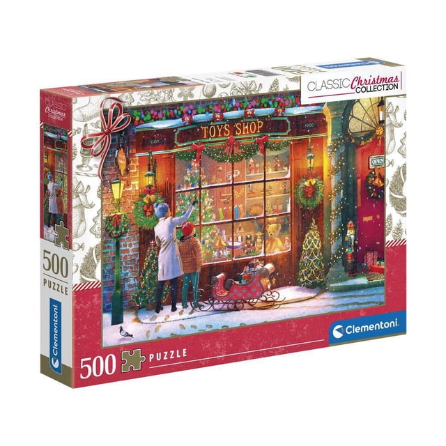 Clementoni 500 piece Puzzle Old Toy Shop Made in Italy depicting a Christmas-themed jigsaw puzzle with a toy shop window decorated with wreaths, garlands, and lights, featuring a woman and child looking at toys inside and a red sleigh on snowy ground, suitable for festive family puzzle activities.