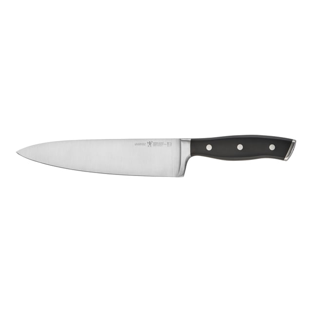 HENCKELS Forged Accent 8 inch Chef's Knife in black, featuring a fine-edge stainless steel blade and a triple-riveted handle with a full tang design. The knife includes a forged bolster for balance and a finger guard for safety. Suitable for chopping, dicing, mincing, and slicing various ingredients. Dishwasher safe, though hand washing is recommended.