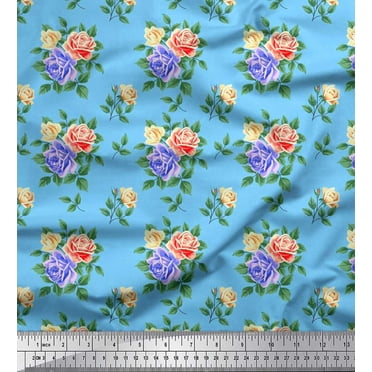 Soimoi Satin Silk Fabric Leaves, & Rose Floral Print Fabric by Yard 42 Inch Wide