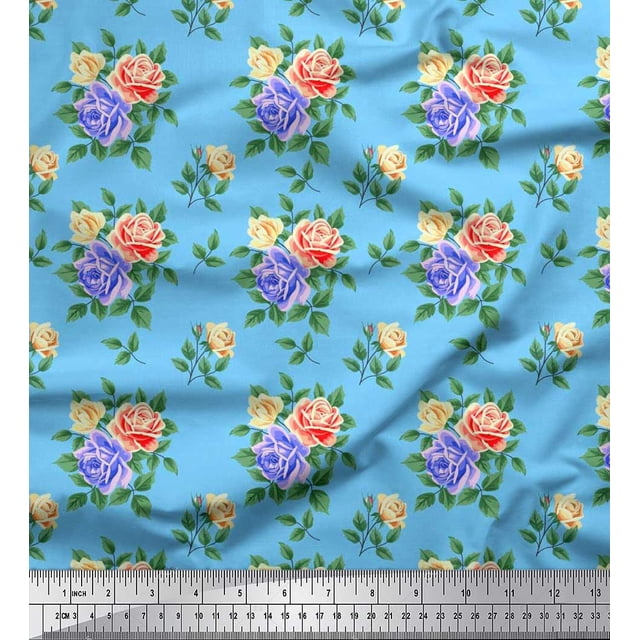 Soimoi Tissu en Coton Cambric Feuilles, & Imprimés Floraux Roses au Mètre 56 Pouces de Large