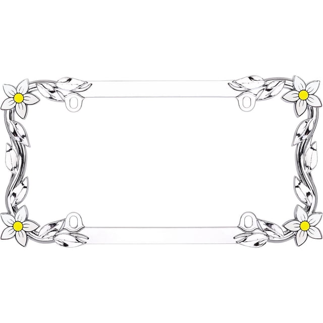 Cruiser Accessories Daisy License Plate Frame made of chrome-plated zinc die-cast metal with hand-painted white and yellow daisies and chrome leaves, designed for standard 6 by 12 inch license plates with slotted holes for easy installation, suitable for adding decorative spring style to vehicle exterior.