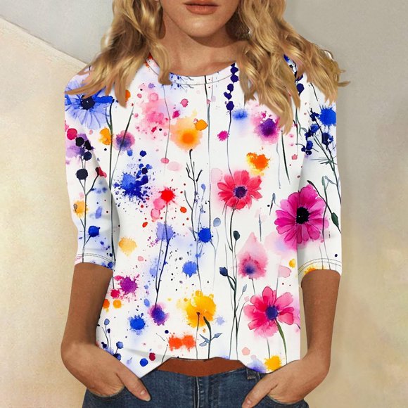 Pisexur Womens Tops 3/4 Length Sleeve Tops for Women Blouse Ladies Elegant Short Sleeved Patchwork Dress Multicolor,M